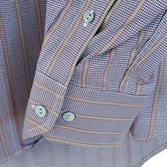Bugatchi Shirt Men's M Blue Striped Houndstooth Button Pocket Drop Tail Cotton - Picture 9 of 15